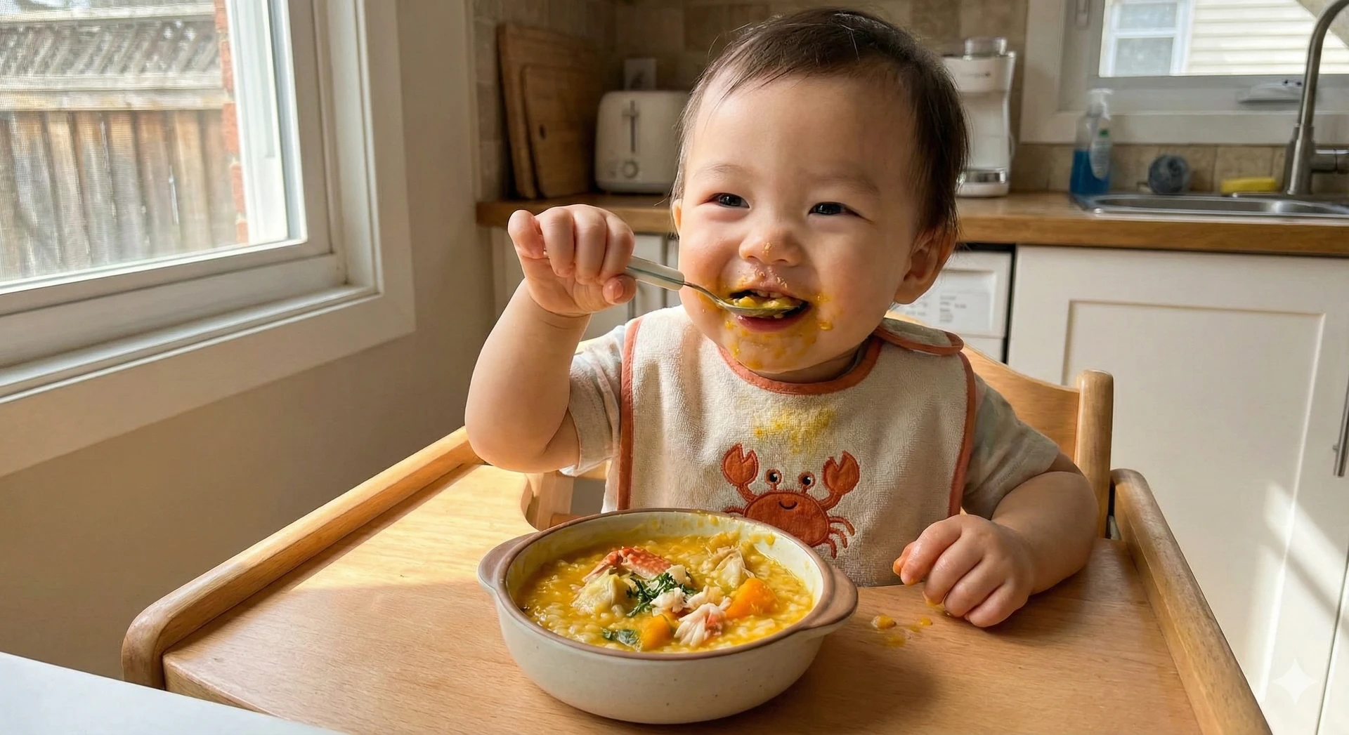 Bé yêu thưởng thức món cháo cua biển bí đỏ thơm ngon