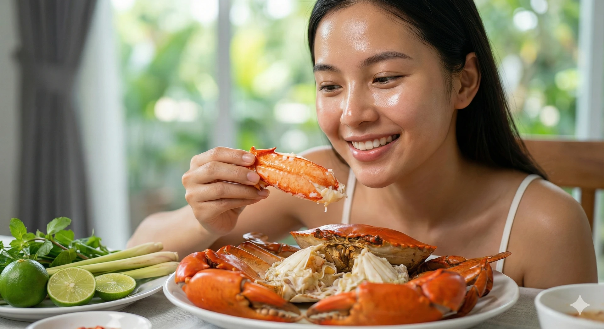 Close-up of crab shells and collagen rich seafood, with a healthy, glowing skin effect