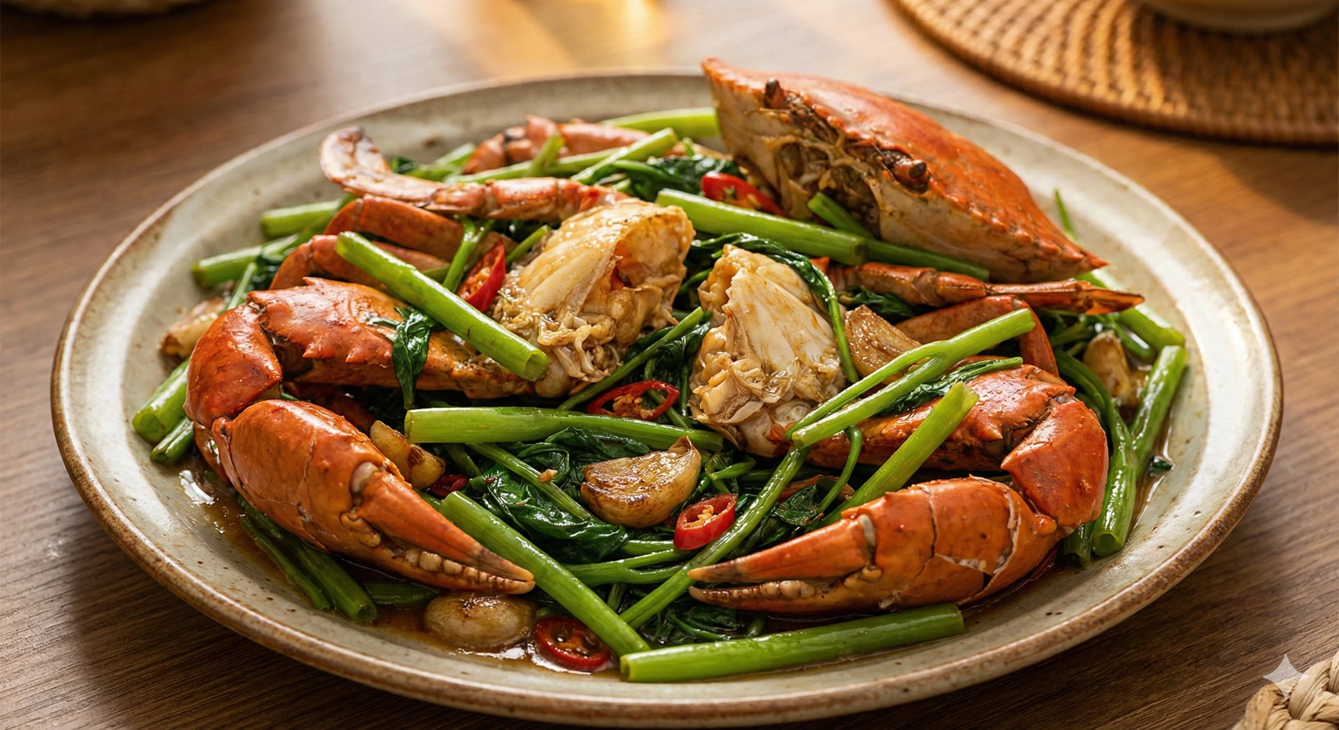 Cua Biển Xào Rau Muống Giòn Ngon, Xanh Mướt