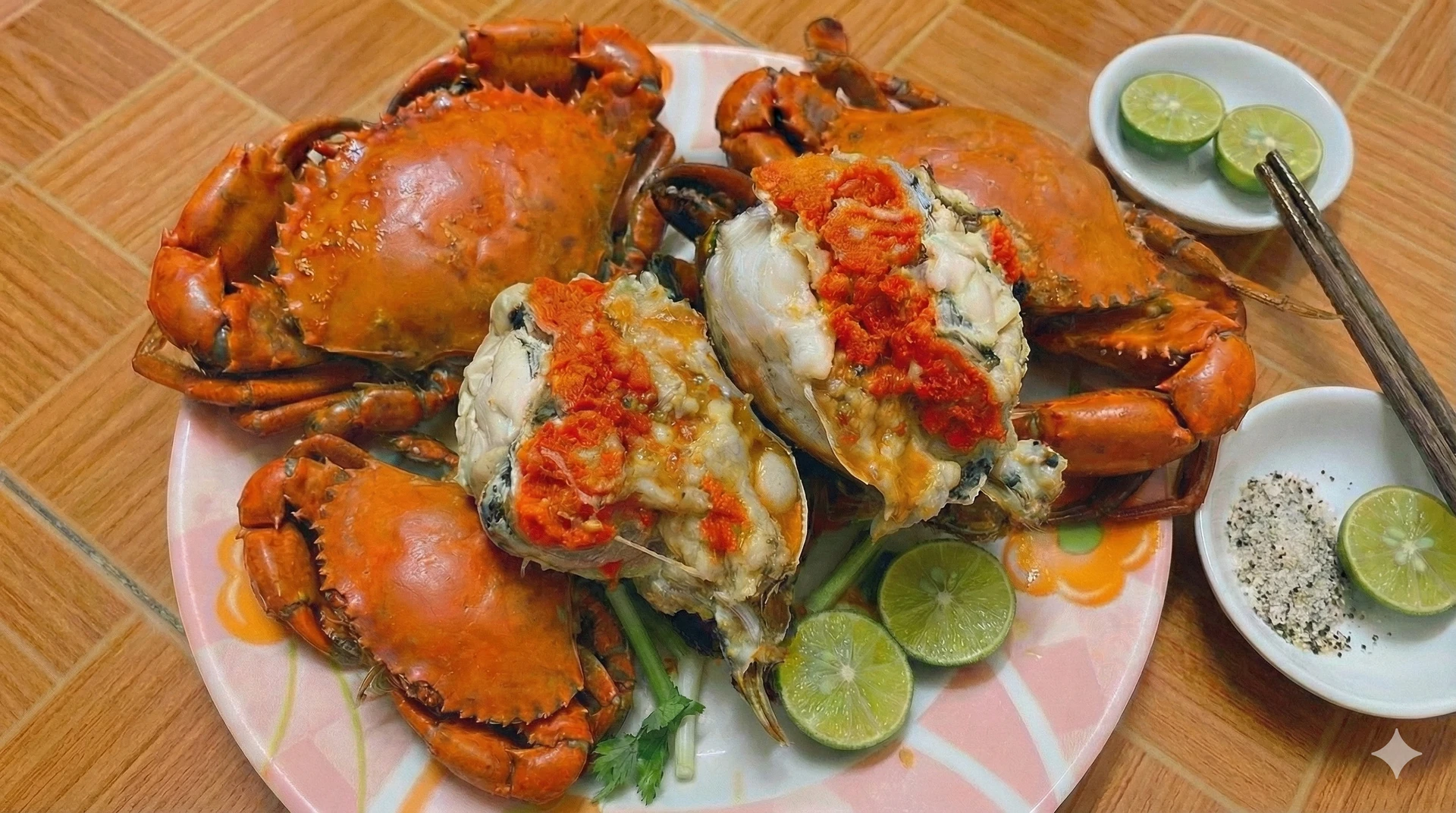 Hình ảnh một con cua gạch với phần gạch son đỏ au