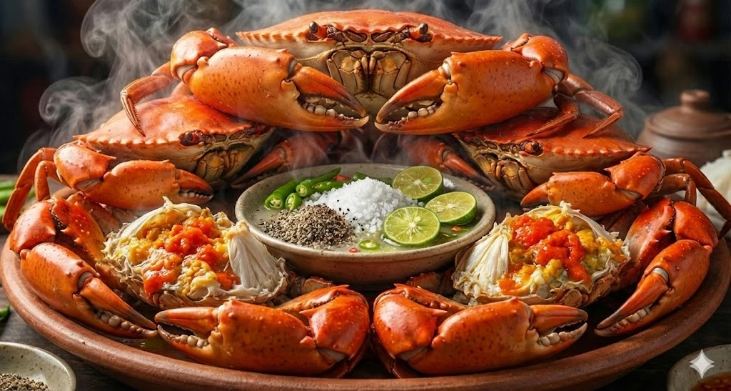 Món cua gạch luộc hấp dẫn trên bàn ăn