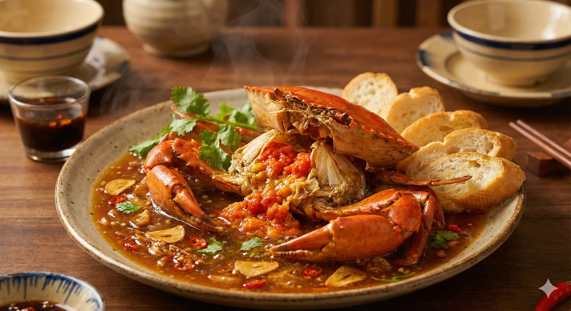 Cua sốt me tỏi đỏ au, hấp dẫn, kèm bánh mì nóng giòn