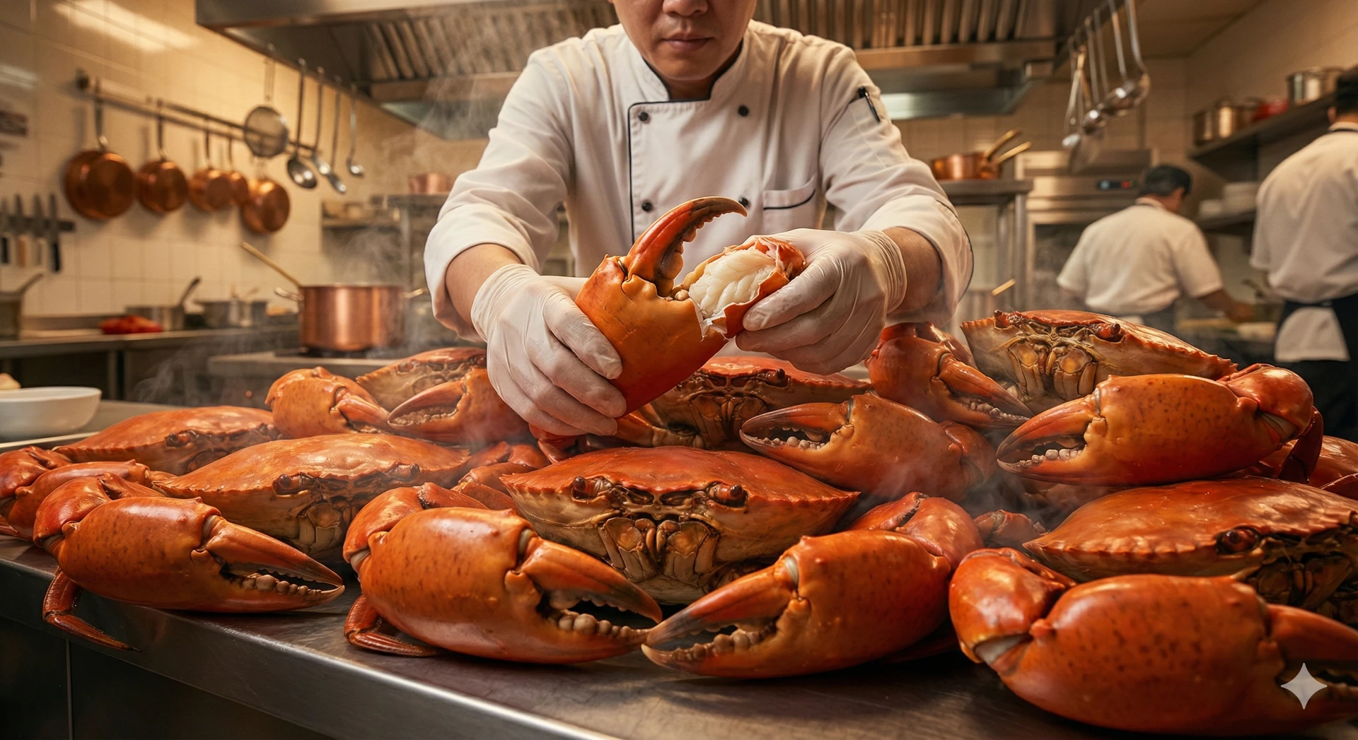 Một đầu bếp đang kiểm tra độ chín của cua bằng cách bẻ nhẹ càng cua, thịt bên trong trắng đục, tươi ngon
