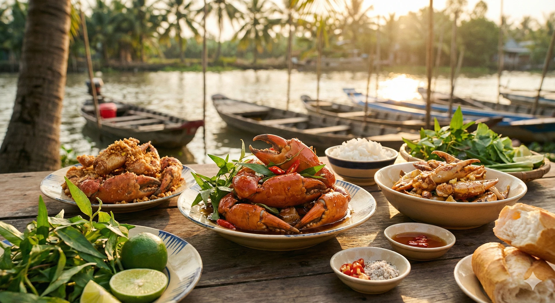 Mekong Delta street food crab vendor next to a modern restaurant crab dish, a comparison
