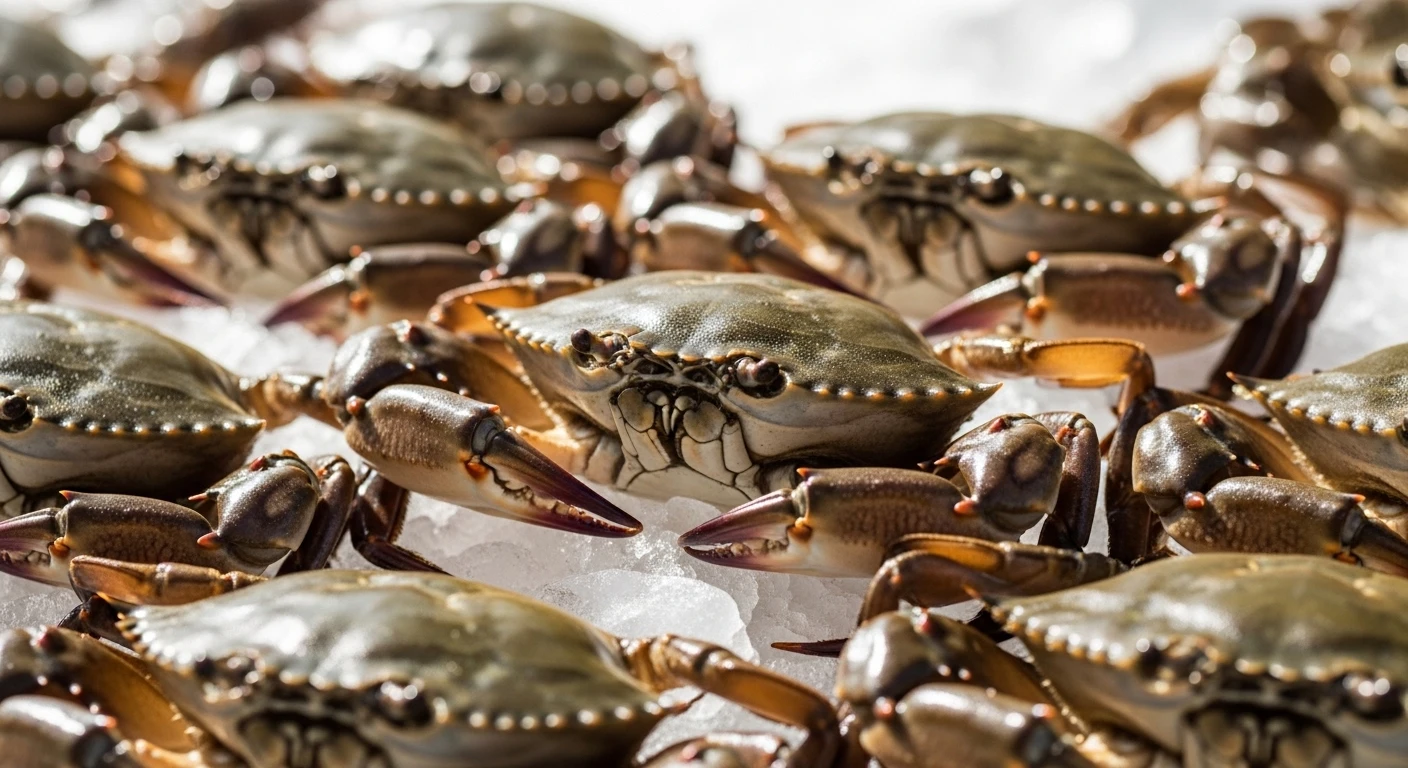 Close-up of fresh crabs on ice, emphasizing freshness