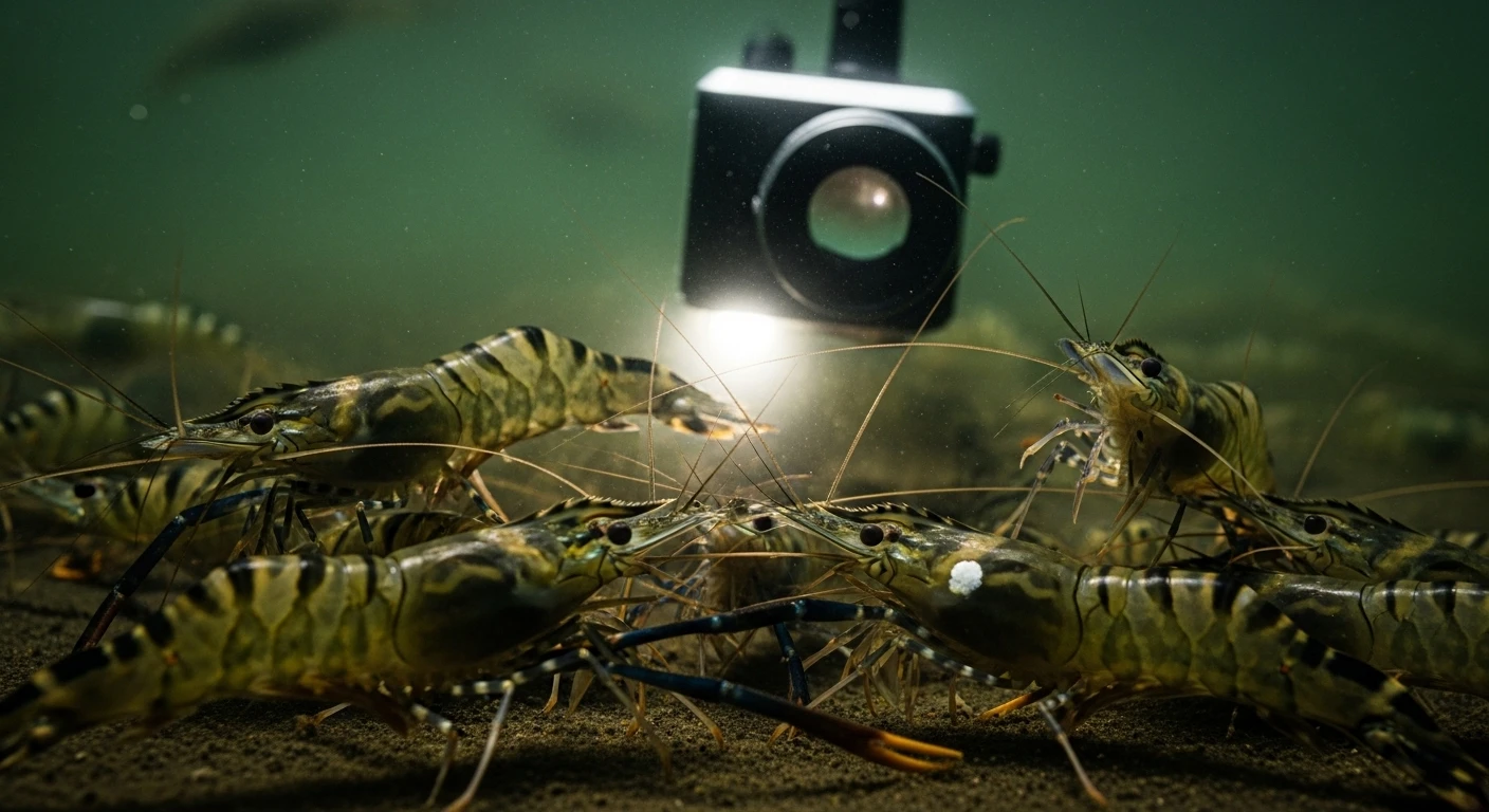 Underwater view of tiger prawns in a pond with AI camera
