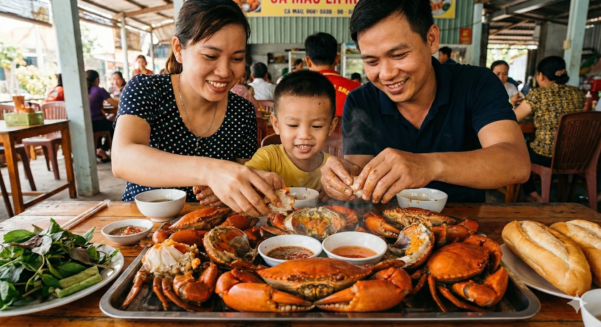 Cua gạch son hấp dẫn và một gia đình hạnh phúc với bé trai