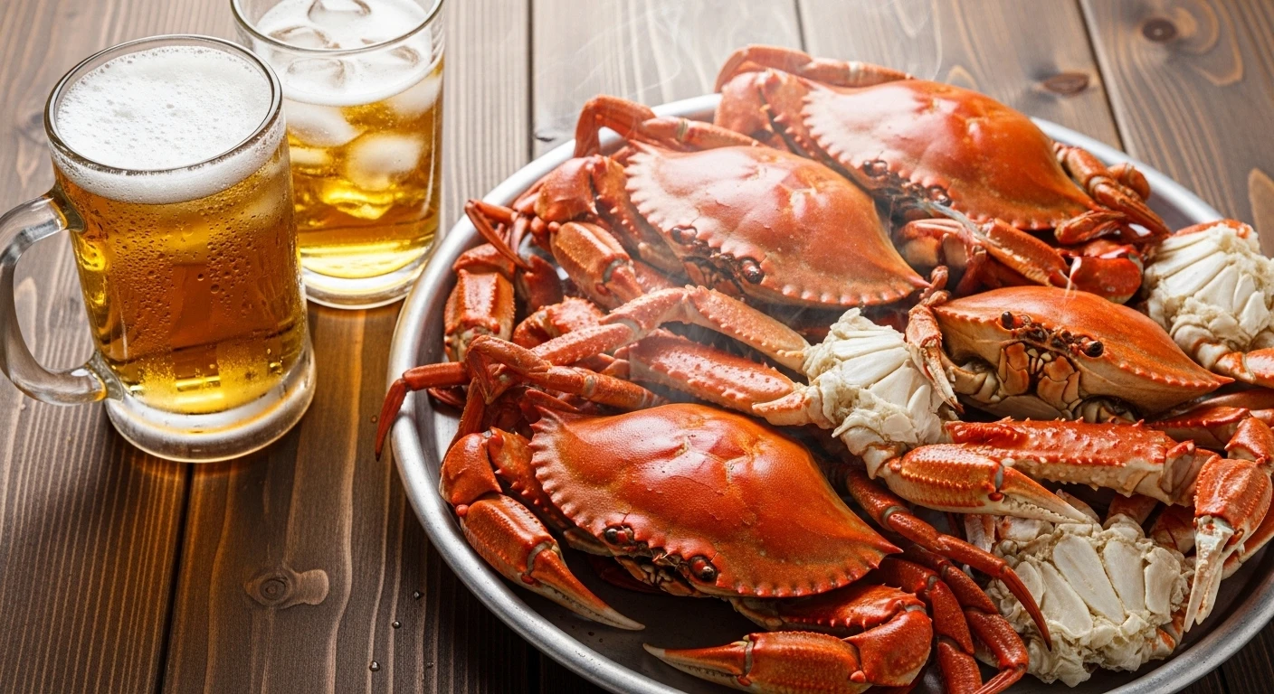 Đĩa cua hấp và ly bia lạnh trên bàn nhậu