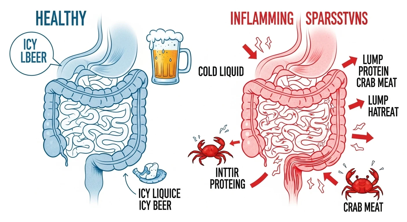 Minh họa hệ tiêu hóa bị ảnh hưởng bởi thức ăn lạnh và cồn