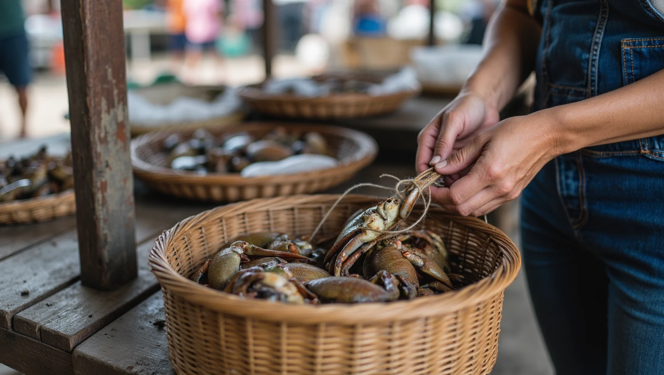 A vendor in a Vietnamese market weighing crabs, with a focus on avoiding scams