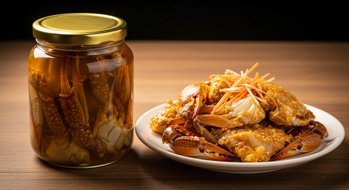 Hũ ba khía muối sẵn bên cạnh đĩa ba khía chiên nước mắm thành phẩm