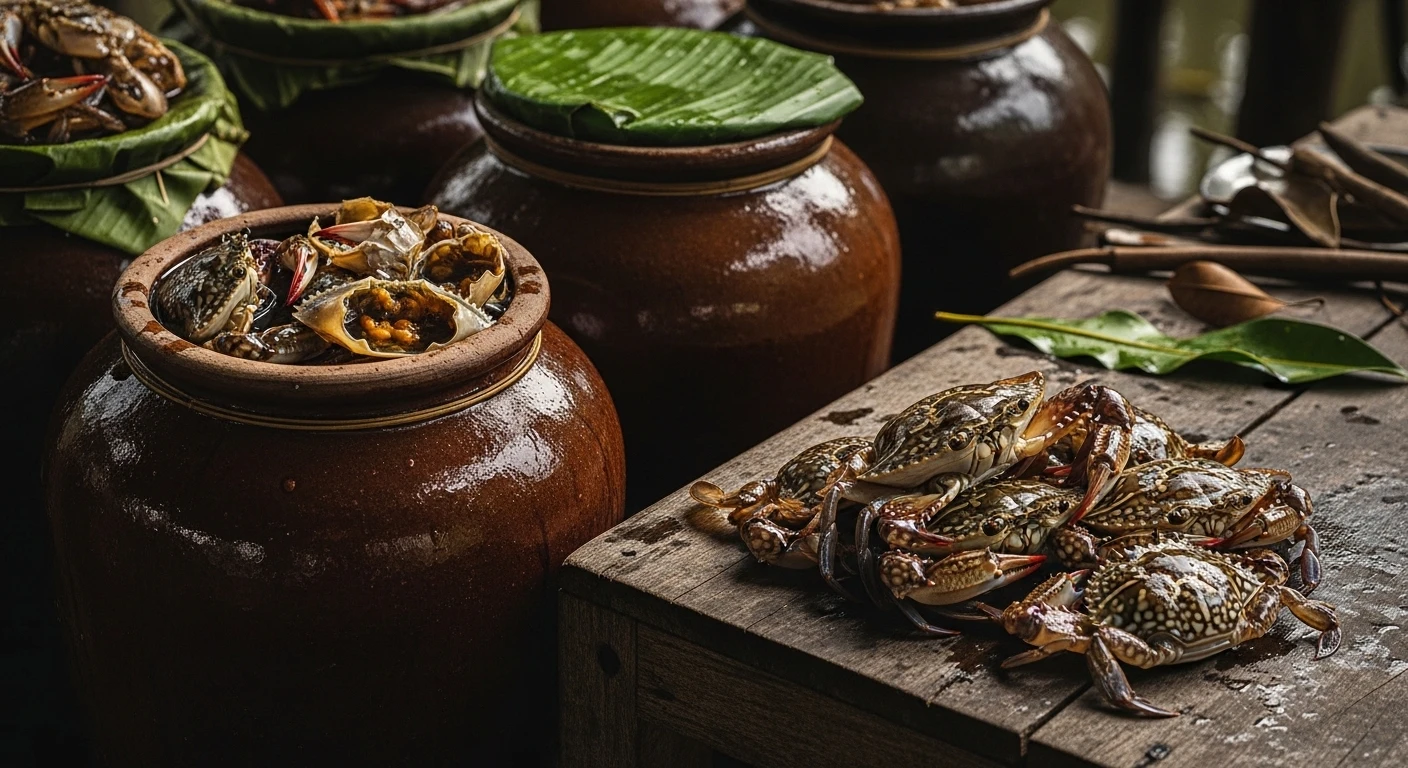 Jars of fermented Ba Khia (mangrove crabs) in a rustic setting