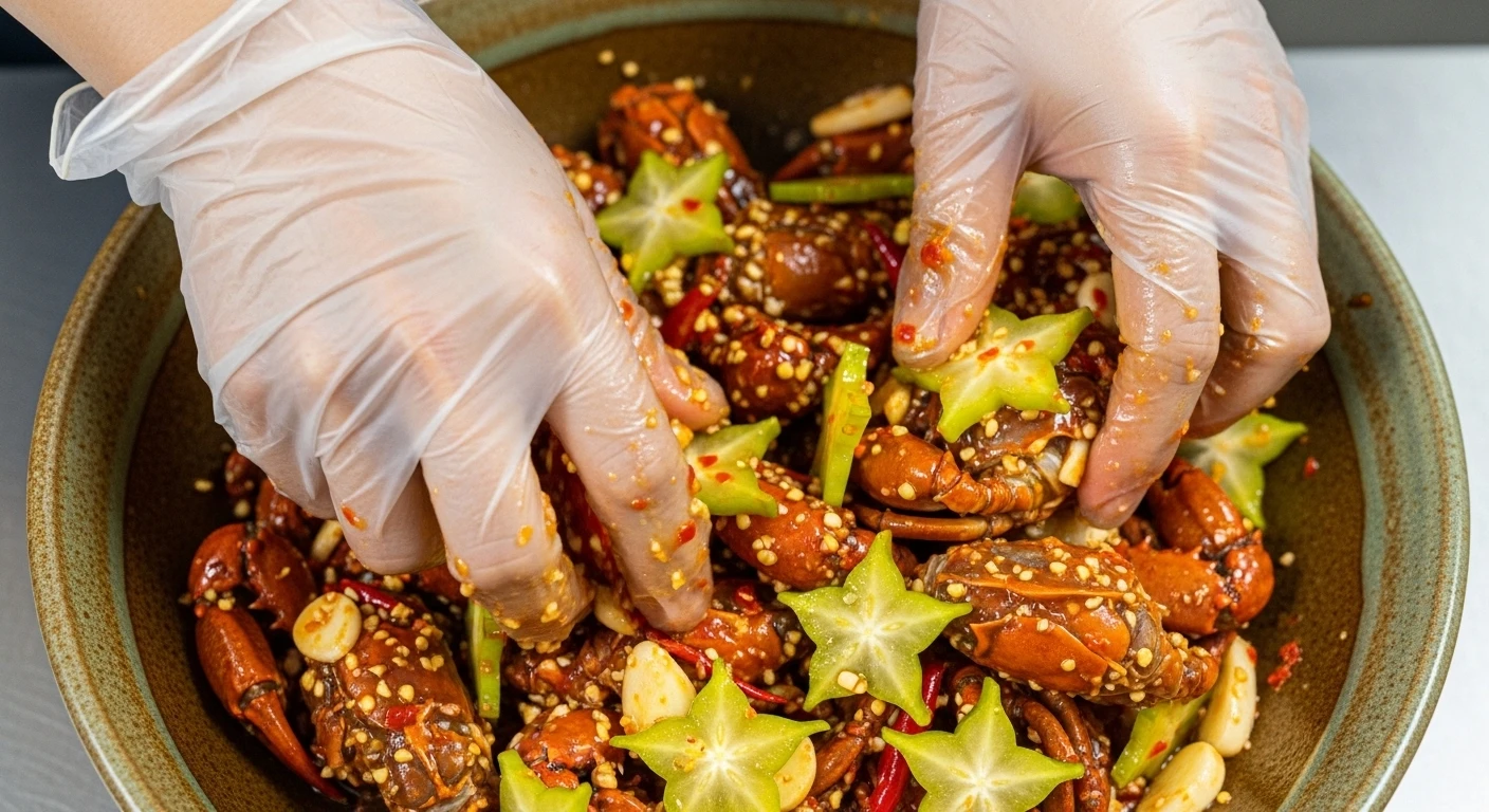 Đang trộn ba khía muối với nước sốt chua ngọt, tỏi ớt, khế chua