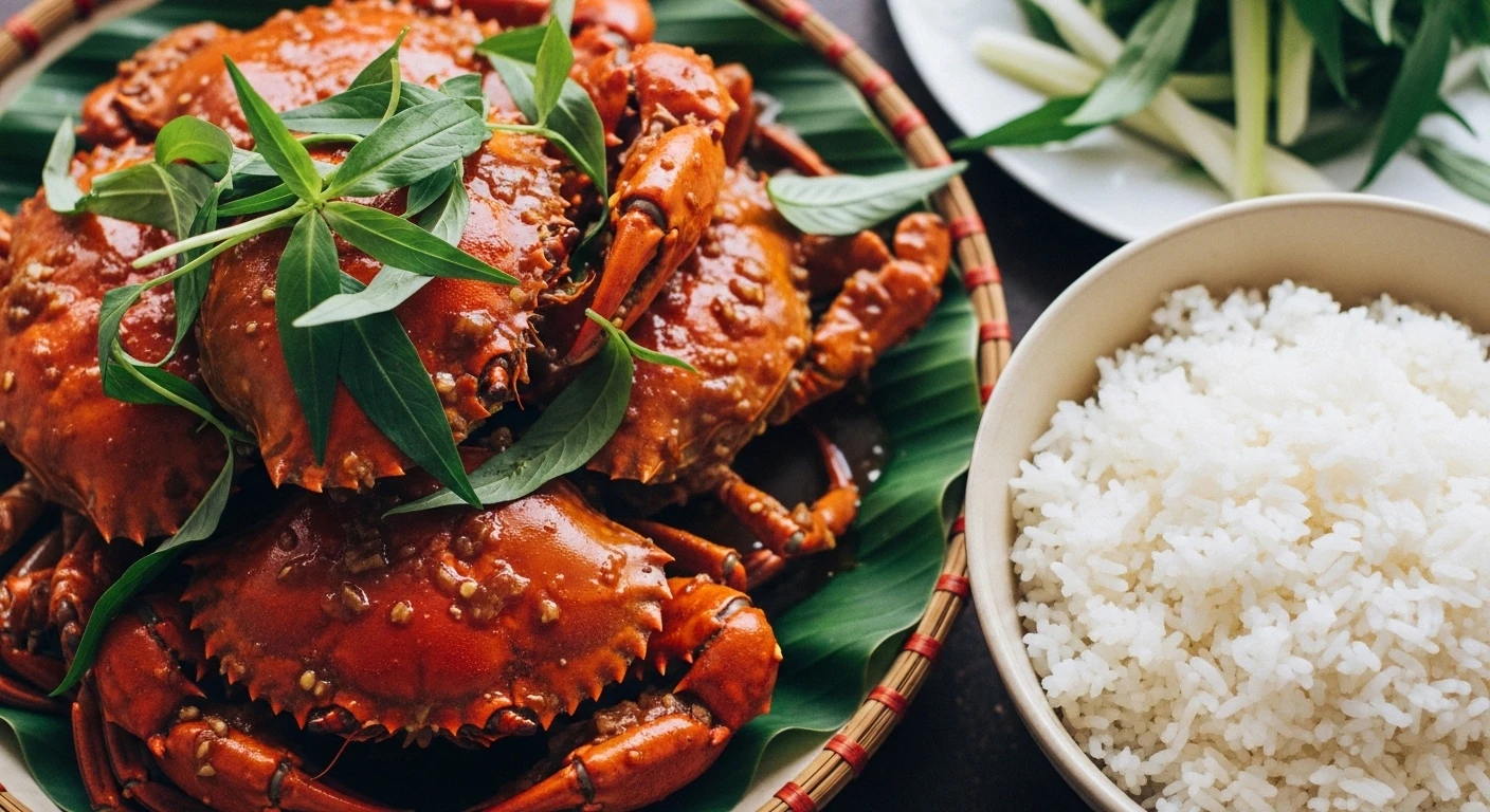 Đĩa ba khía trộn tỏi ớt chua ngọt hấp dẫn bày cùng chén cơm trắng nóng