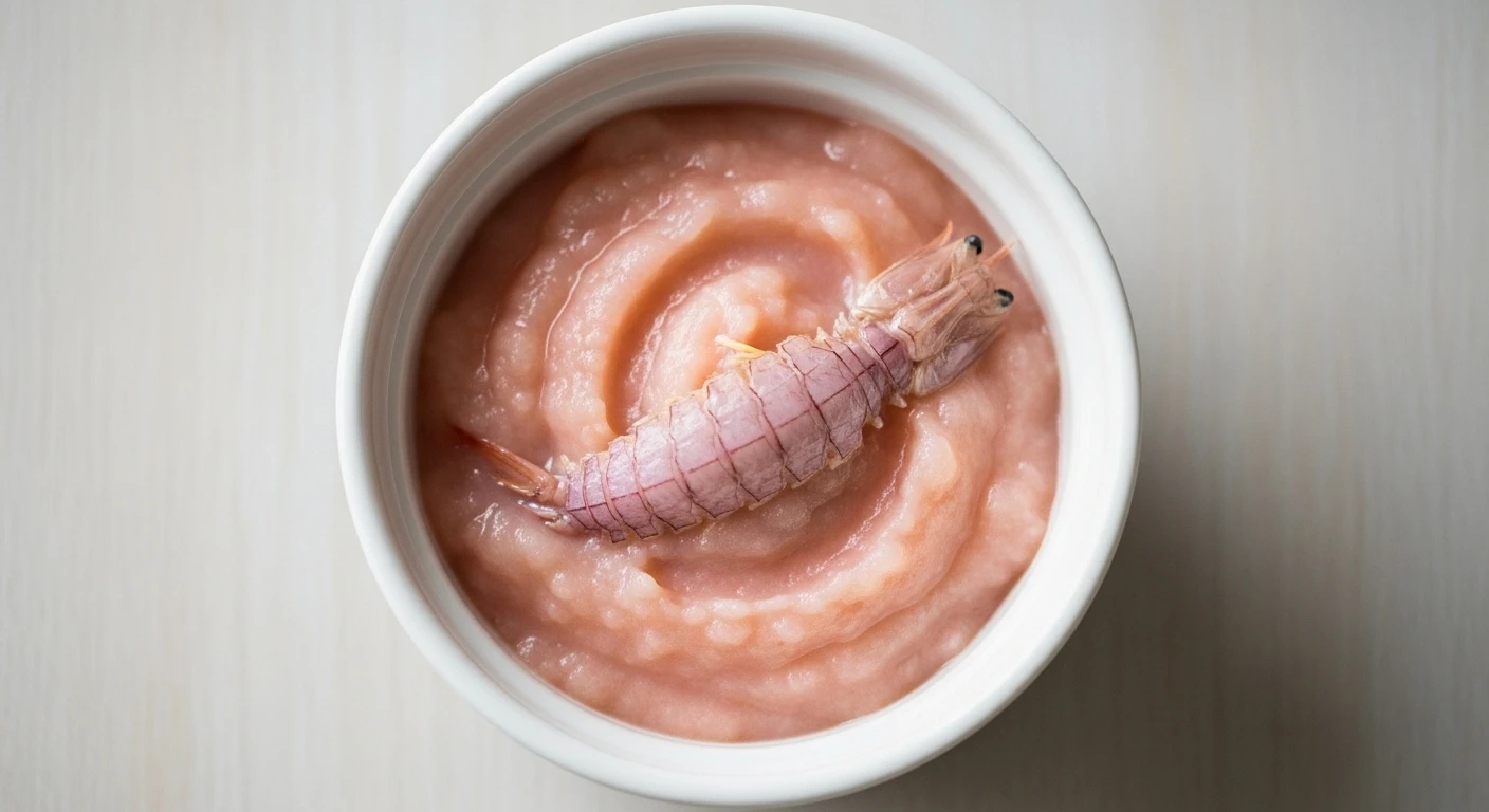 A close-up of finely mashed mantis shrimp porridge for a baby