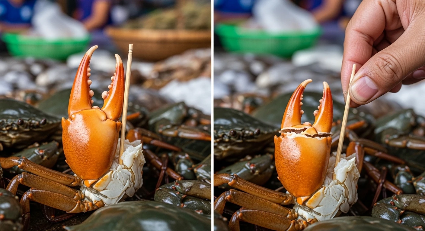 Close-up of a crab claw being held by a toothpick