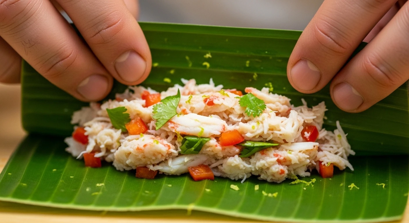 Chả cua gói lá chuối chuẩn bị hấp