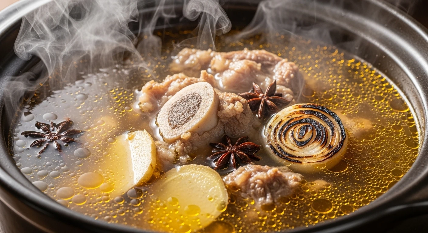 Nồi nước dùng bánh canh đang sôi thơm lừng