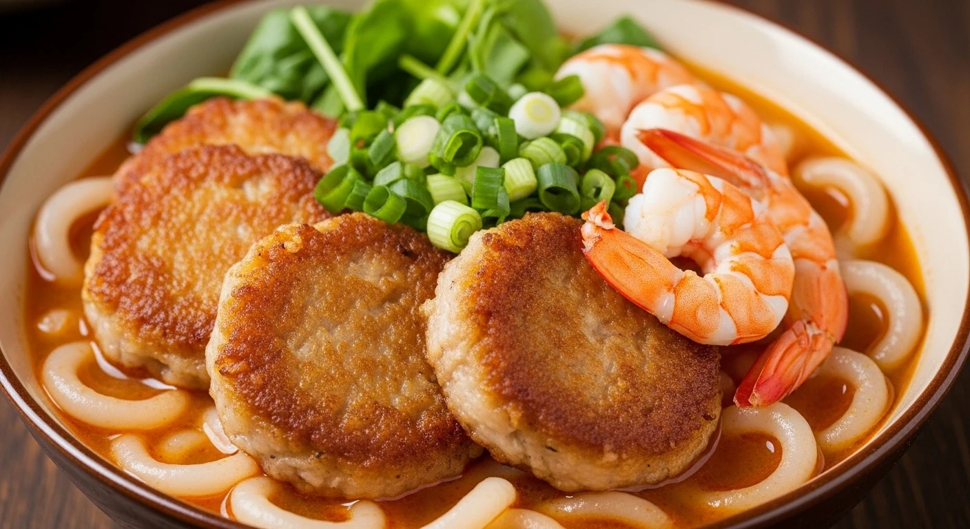 Chả cua đồng và tôm thẻ tươi ngon ăn kèm bánh canh