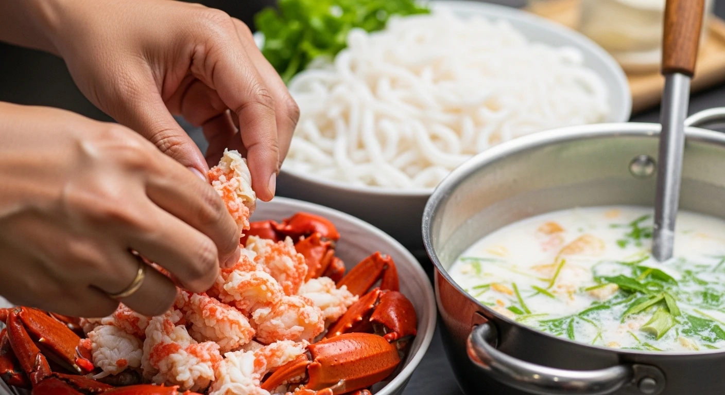 Chuẩn bị nguyên liệu cho bánh canh ghẹ cốt dừa