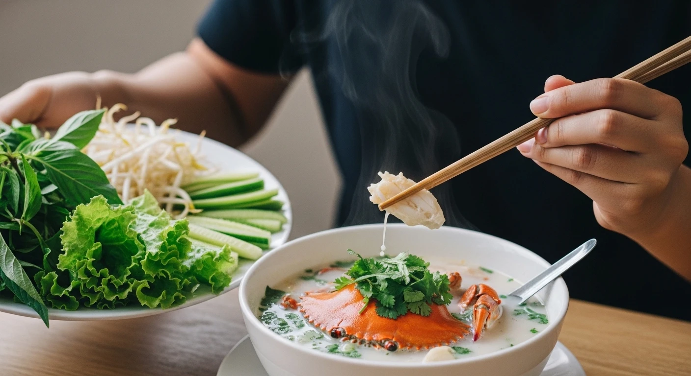 Thưởng thức bánh canh ghẹ cốt dừa cùng rau sống