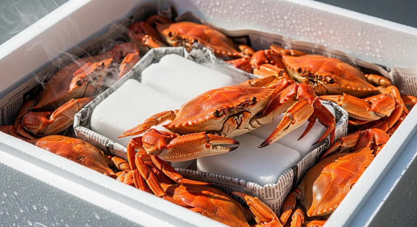 Ghẹ sống được bảo quản trong thùng xốp với đá khô