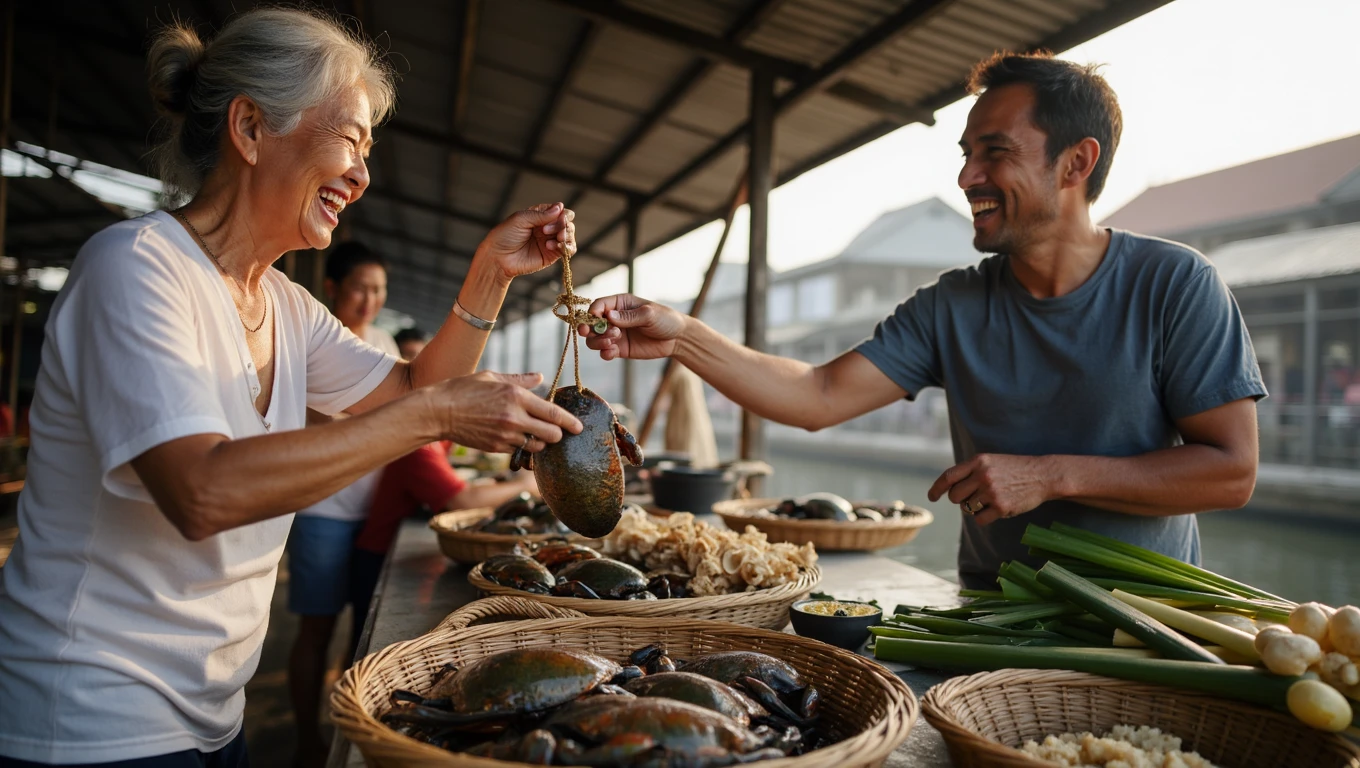Mekong Delta market scene with vendor and customer bargaining over live crabs