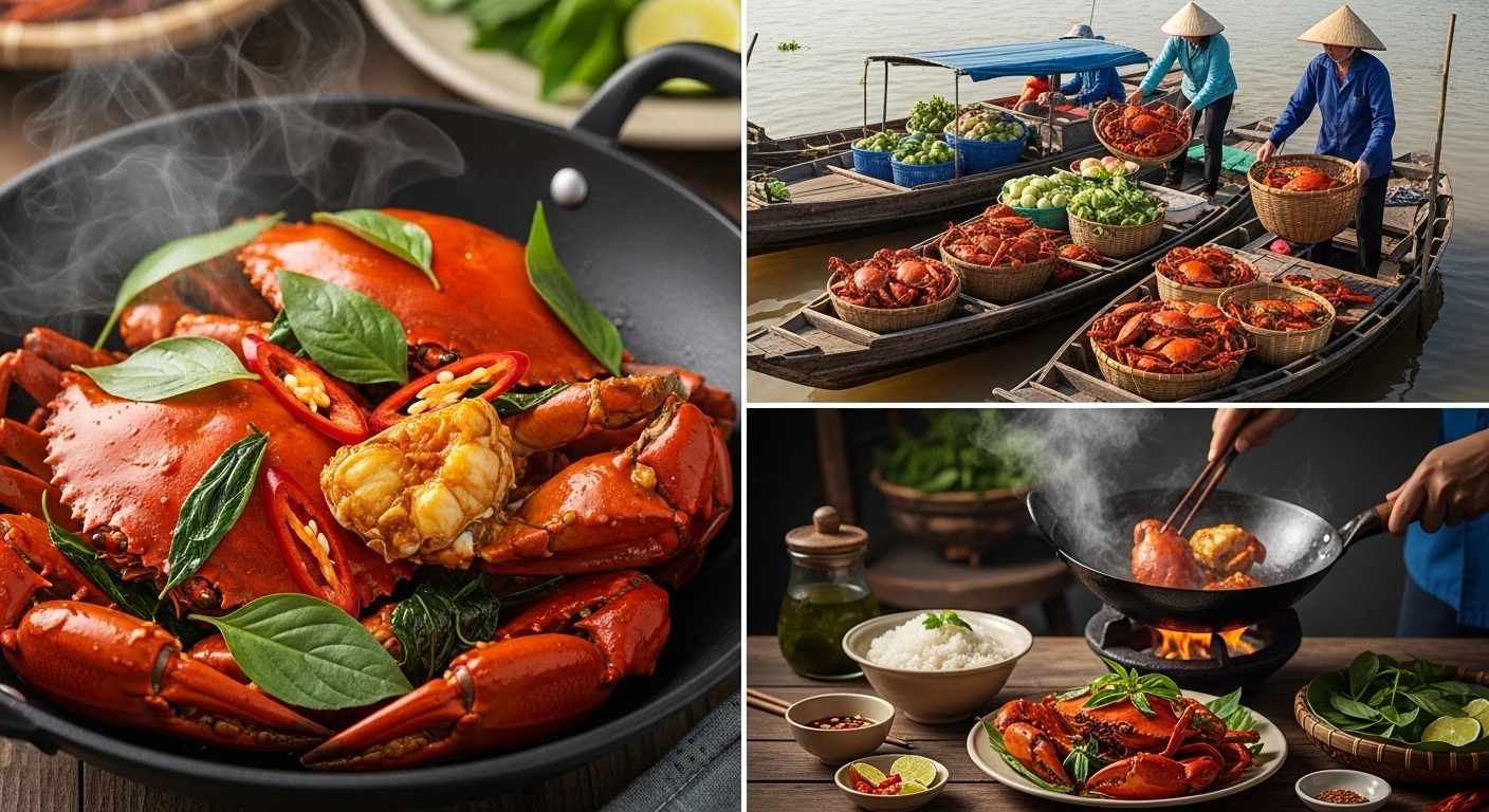 Vibrant stir-fried mud crab with Thai basil leaves in a wok