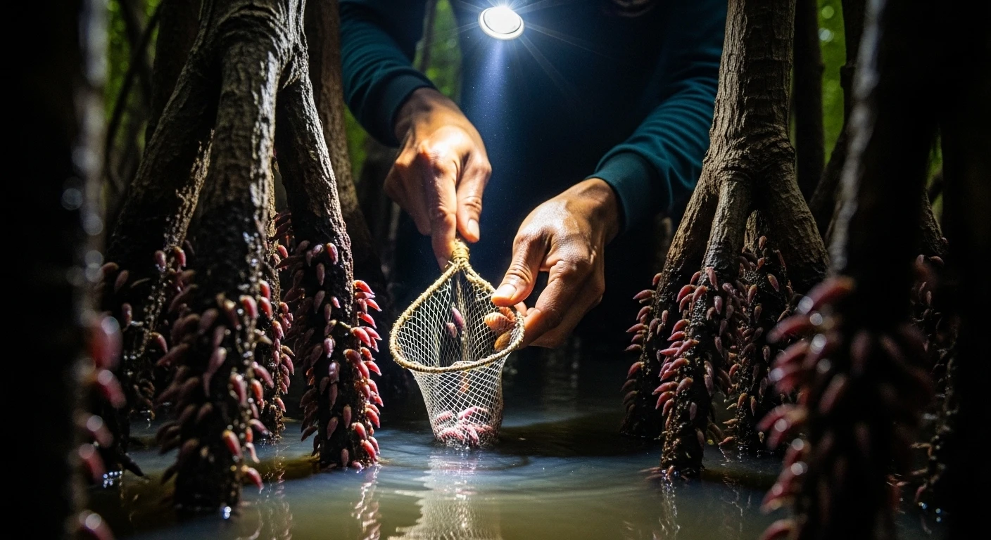 Người dân địa phương bắt ba khía bằng đèn pin trong rừng ngập mặn ban đêm