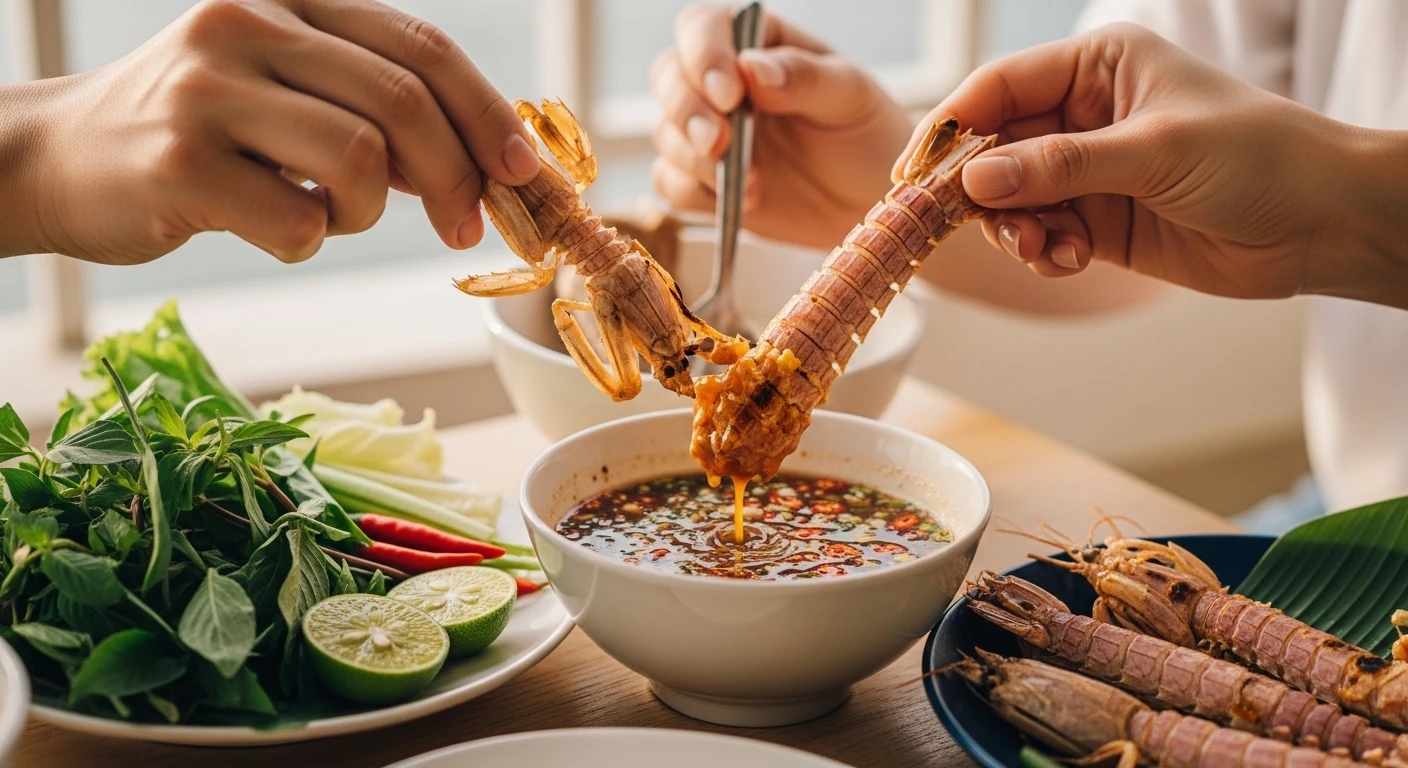 Bề bề nướng mọi ăn kèm muối tiêu chanh và rau sống