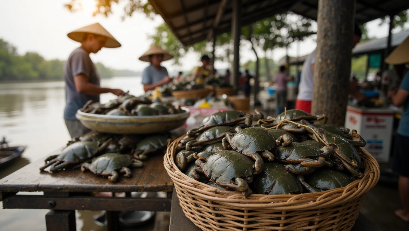 A basket of live, plump mud crabs in the Mekong Delta