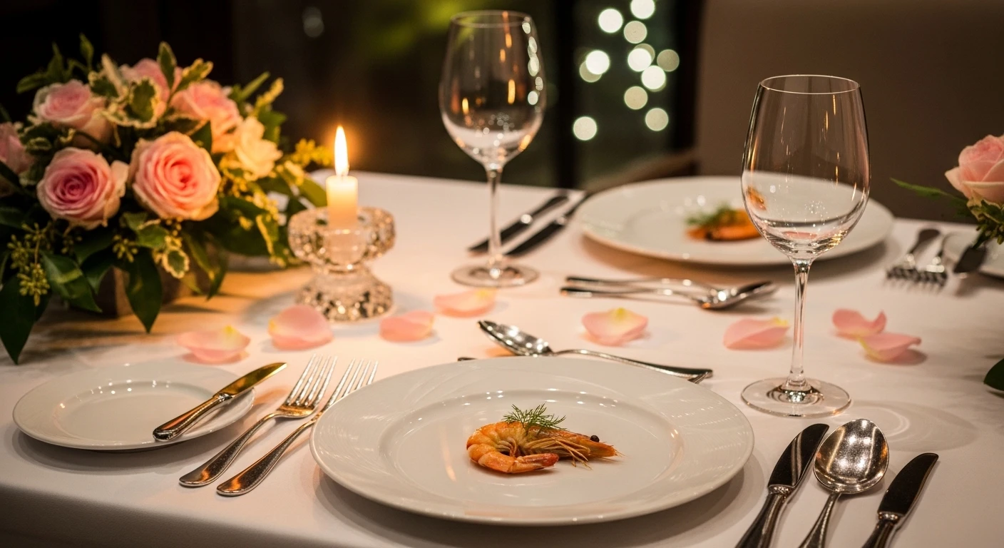 Bàn ăn được trang trí lãng mạn với hoa và nến