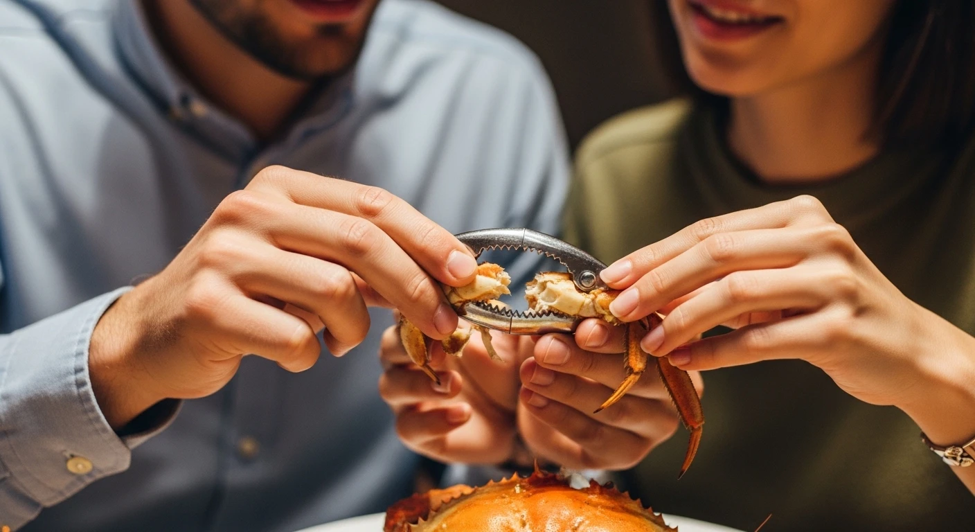 Chàng trai đang giúp cô gái gỡ thịt cua