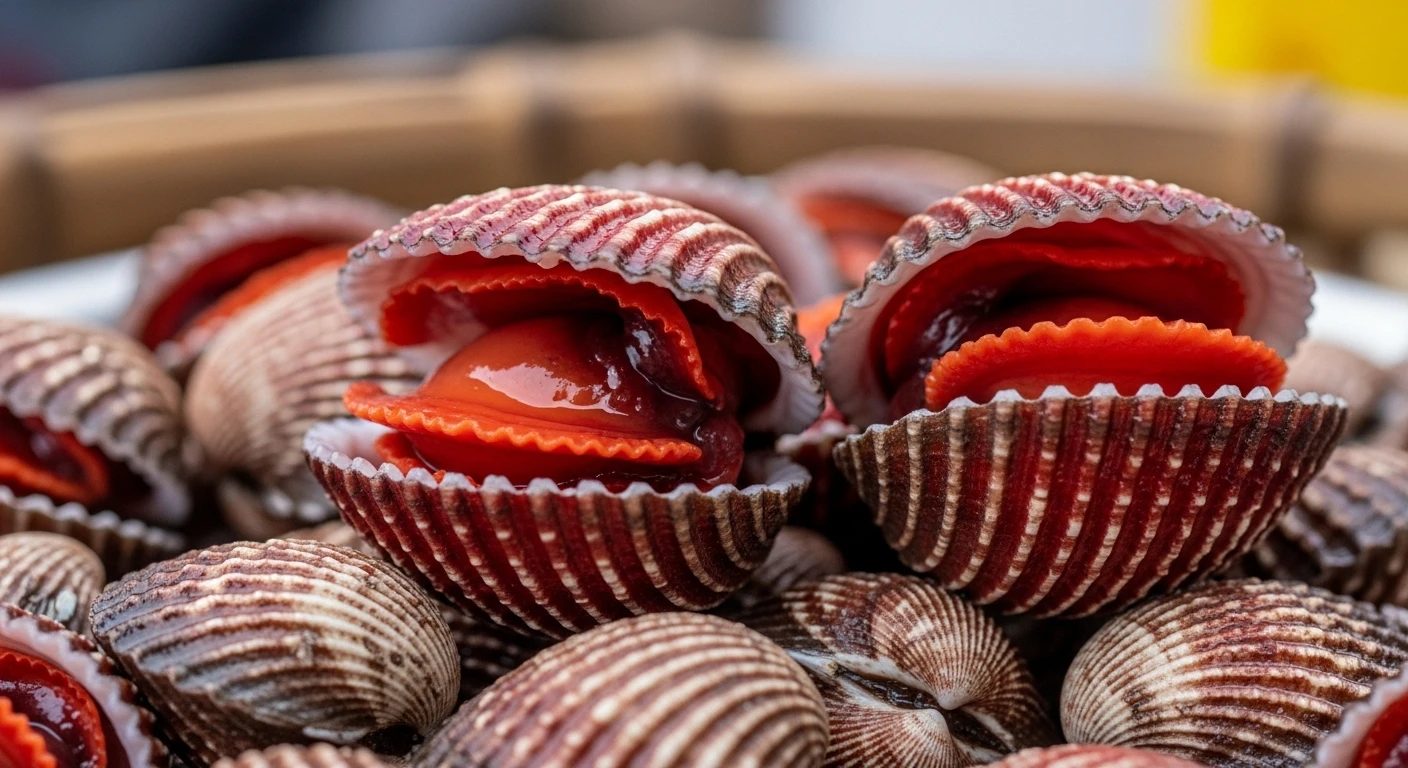 Close-up of cooked blood cockles, revealing their deep red interior