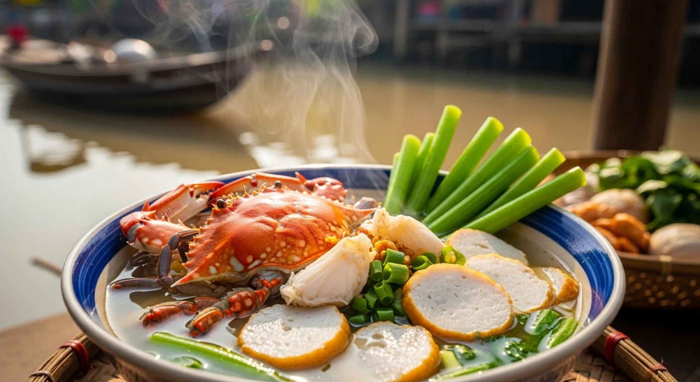 Blue Crab and Fish Cake Noodle Soup with Elephant Ear Stems