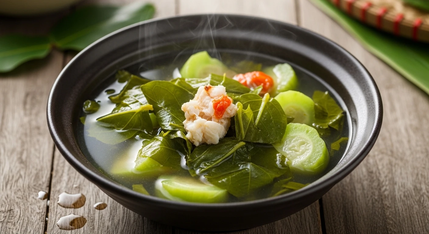 Bowl of Blue Crab Soup with Jute Leaves and Sponge Gourd