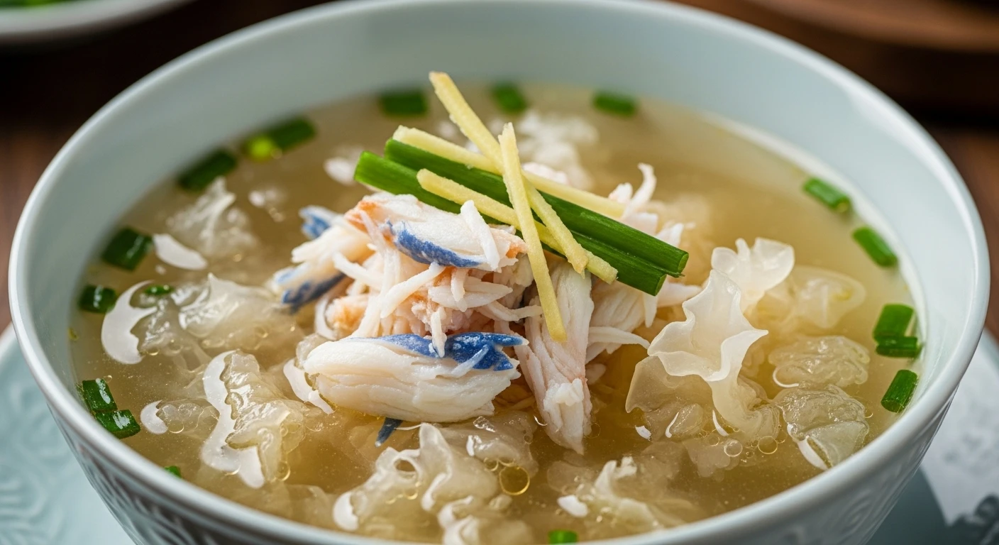 Blue Crab and Snow Fungus Soup in a delicate ceramic bowl