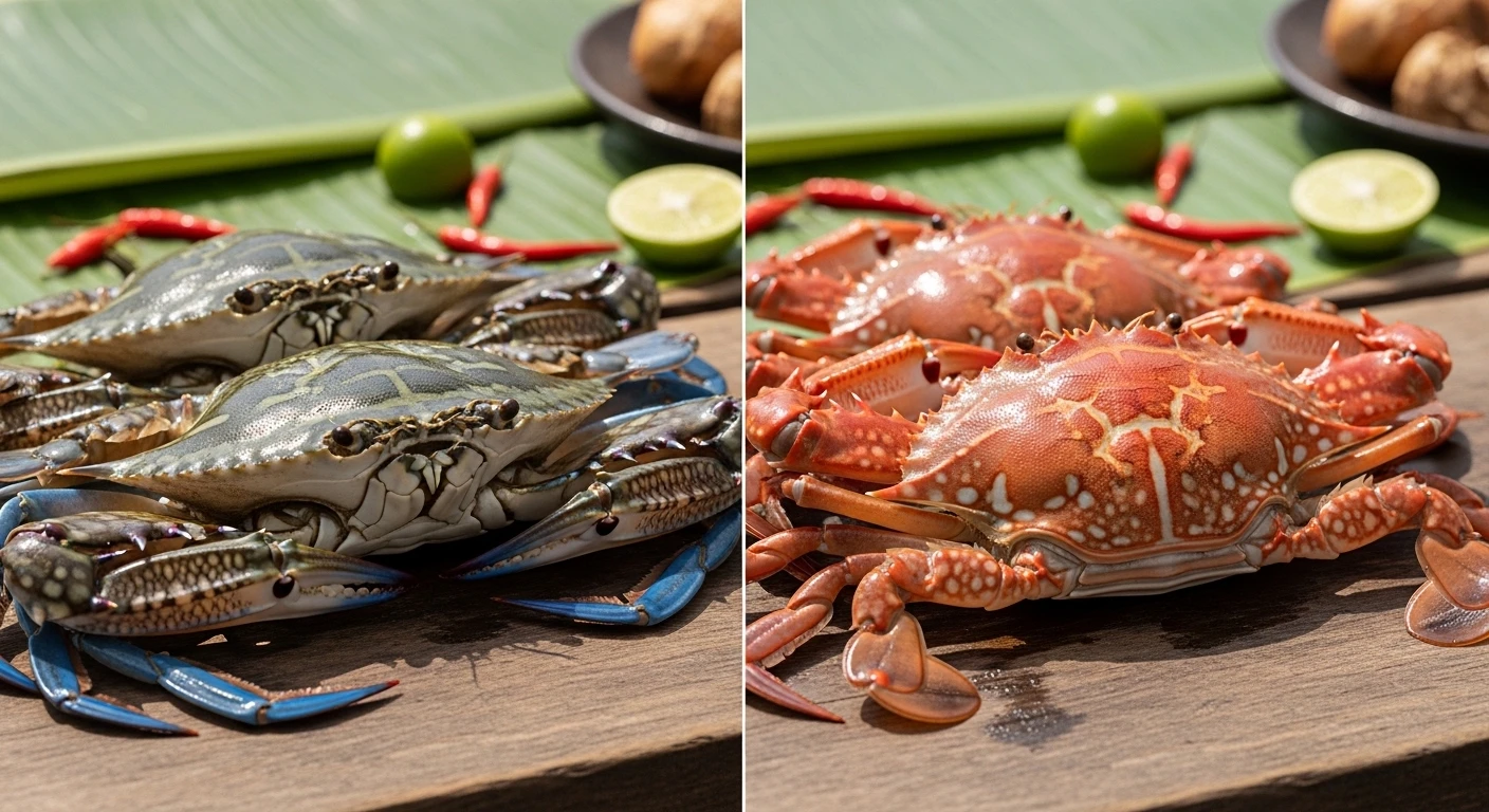 A comparison of vibrant blue swimmer crab and red cross crab