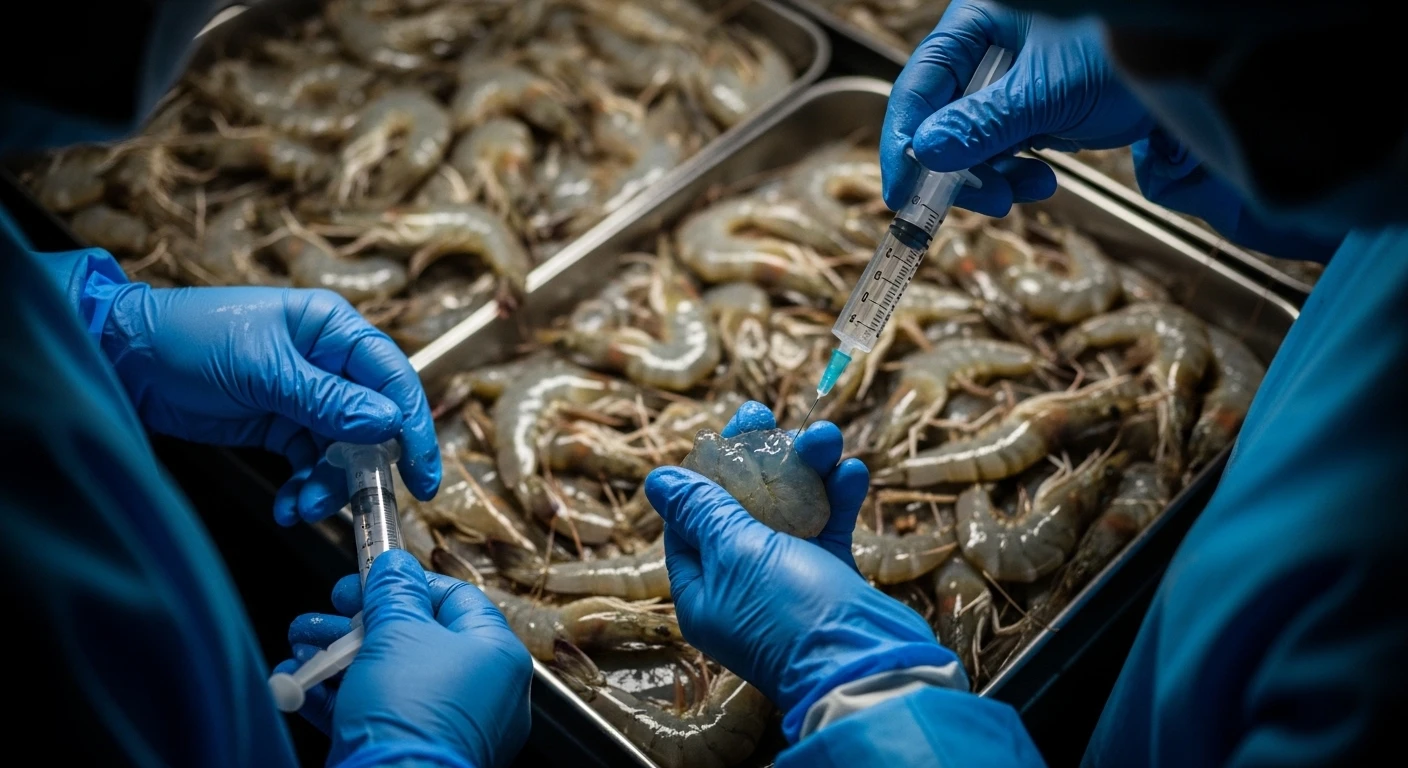 Cận cảnh bơm thạch rau câu vào tôm sú sống