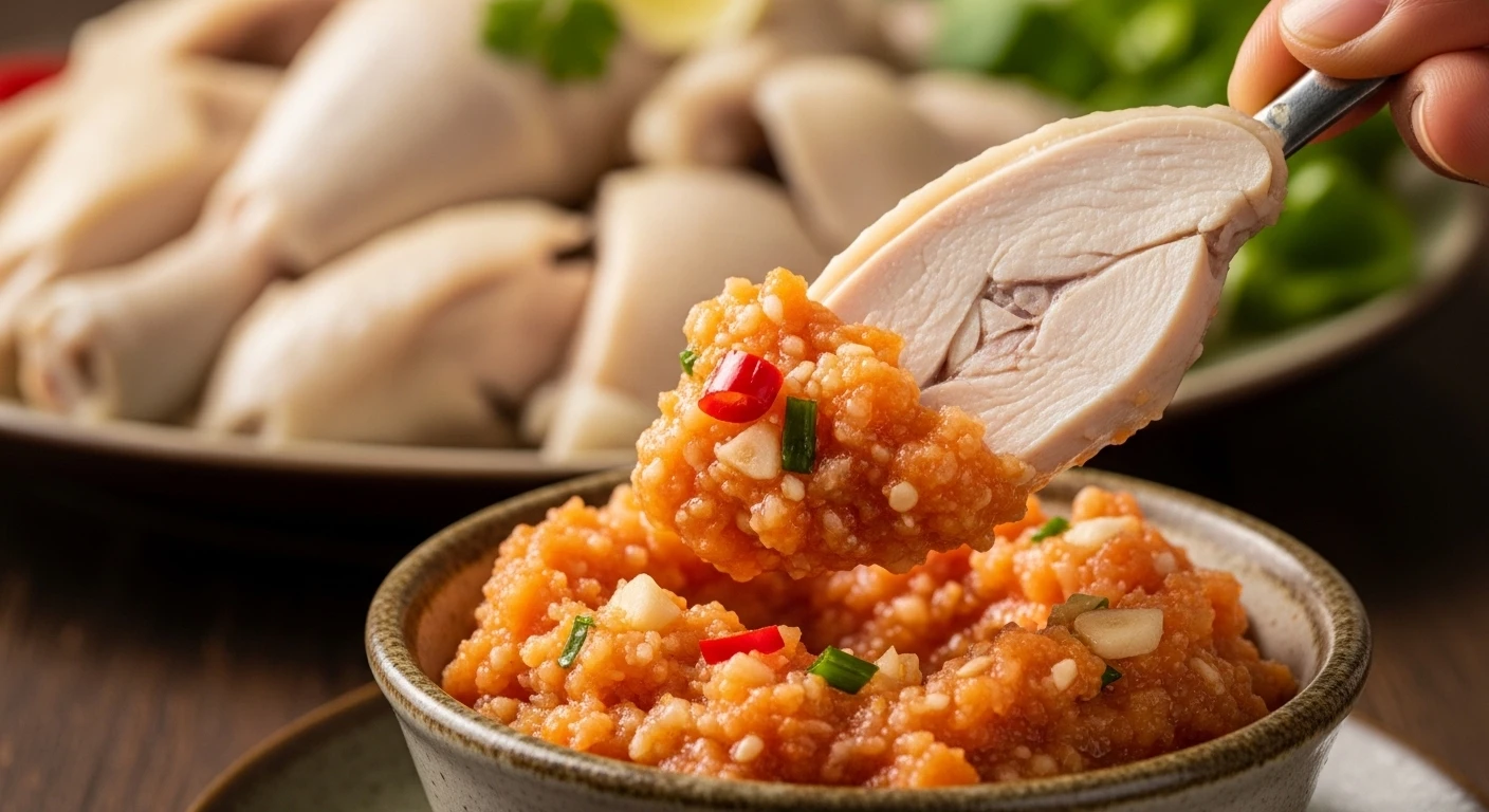 Tender boiled chicken pieces being dipped into a vibrant, reddish-orange crab dip