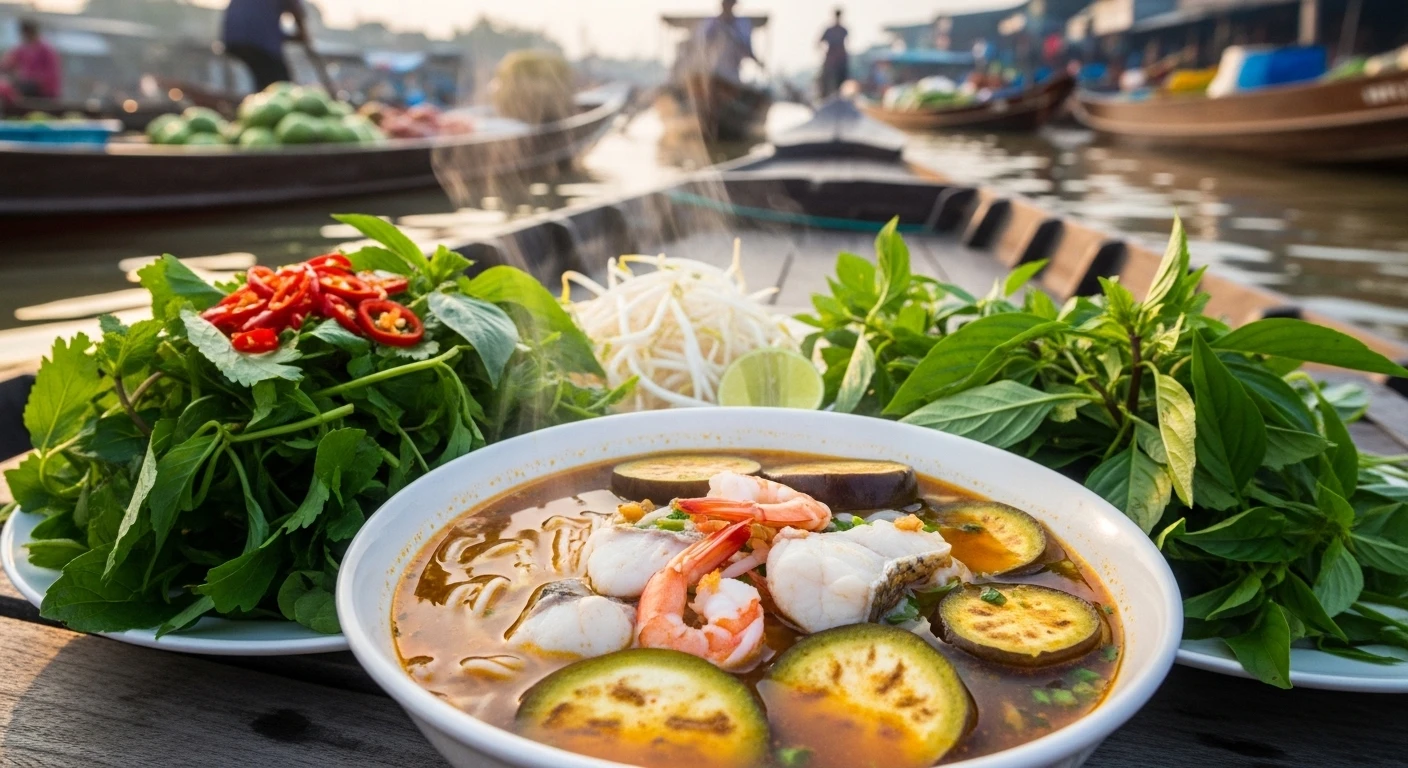 A steaming bowl of Bun Mam on a wooden boat with a backdrop of Cai Rang Floating Market