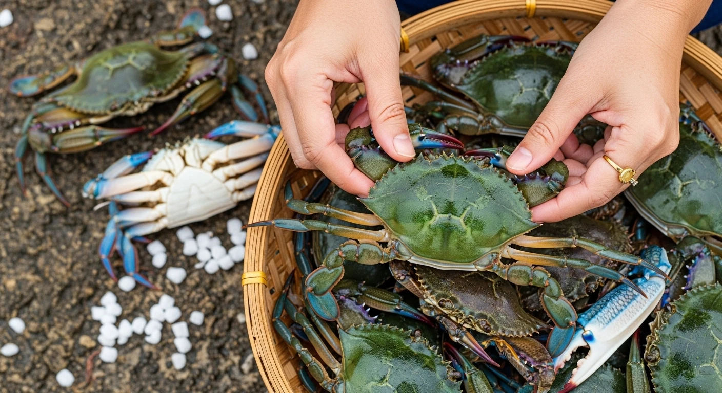 Người phụ nữ đang chọn những con cua biển tươi sống