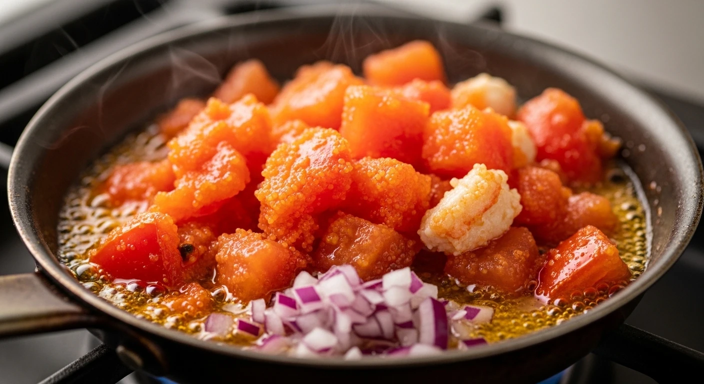 Cận cảnh gạch cua biển màu đỏ cam đang được phi với cà chua