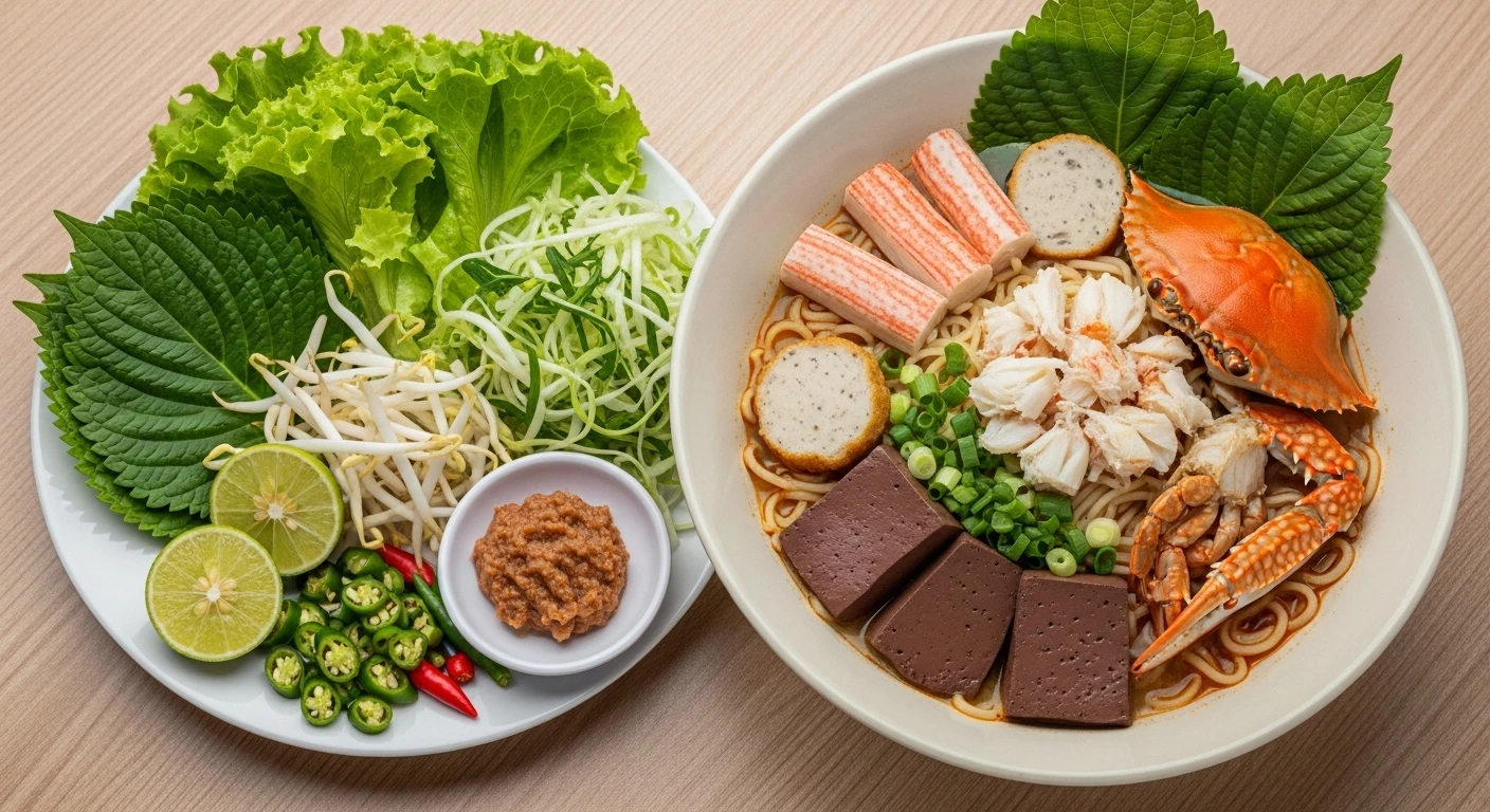 Các thành phần của bát bún riêu cua biển: bún, thịt cua, huyết, rau sống