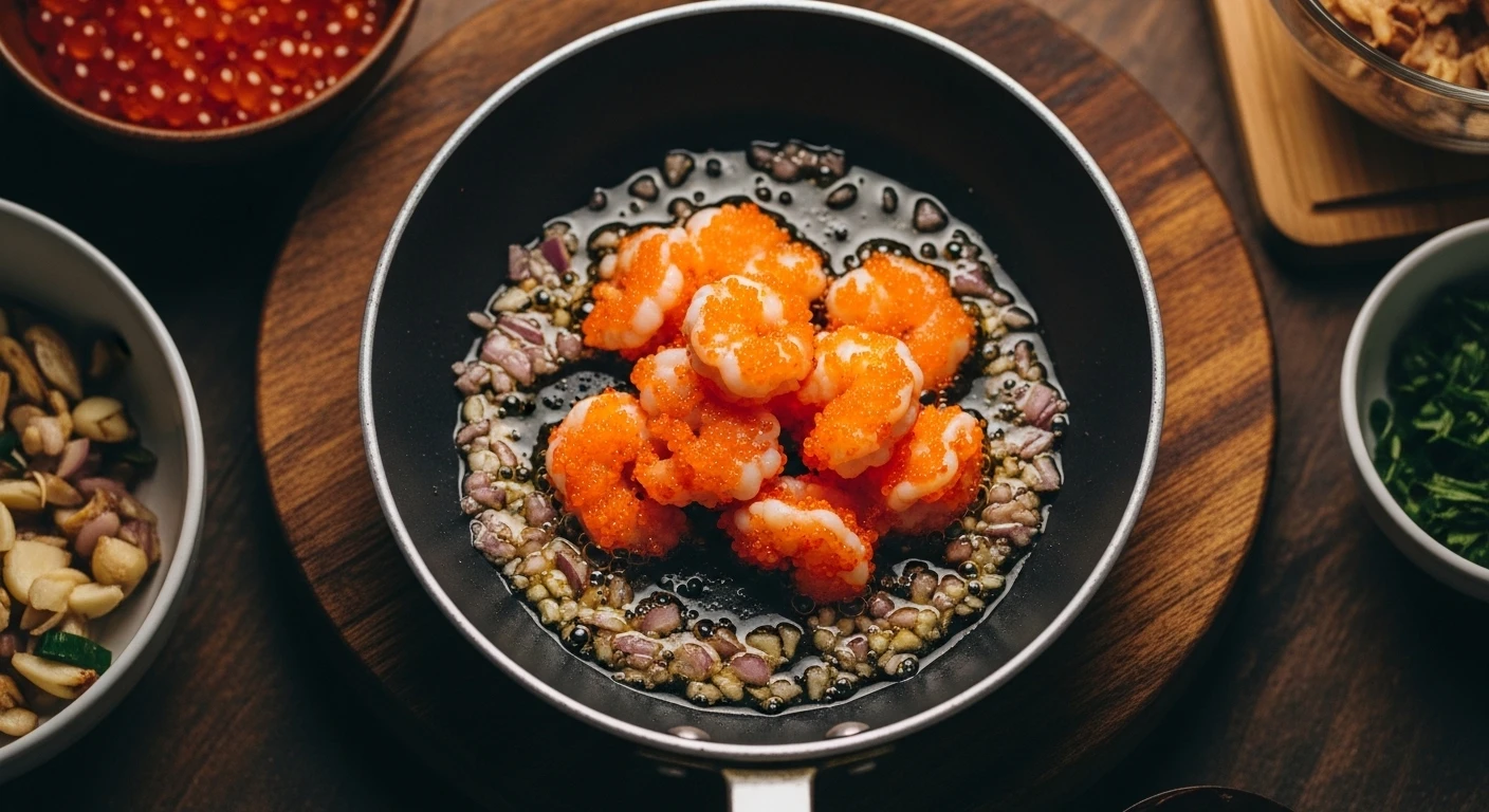 Gạch tôm càng xanh xào thơm phức chuẩn bị nấu nước dùng