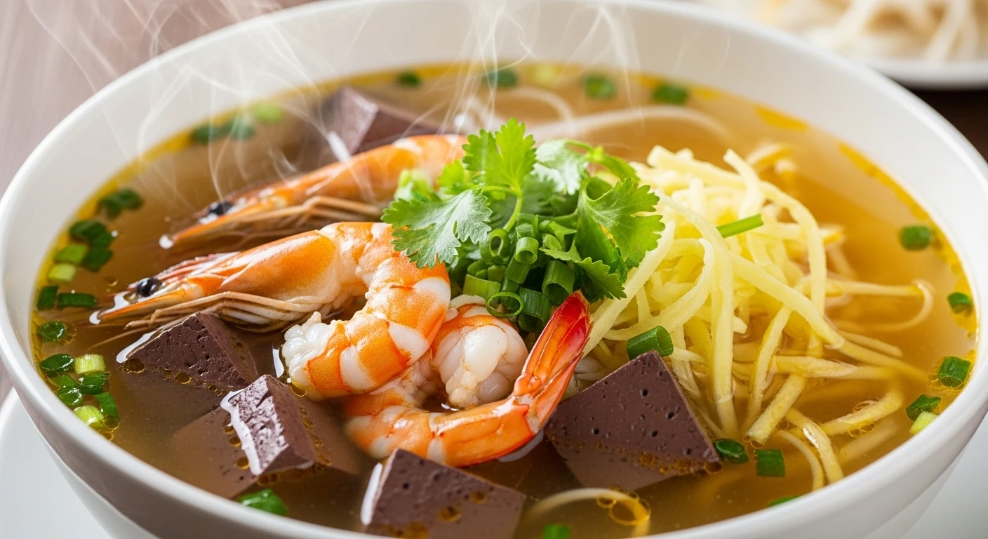 Nồi nước dùng bún riêu tôm càng xanh trong veo