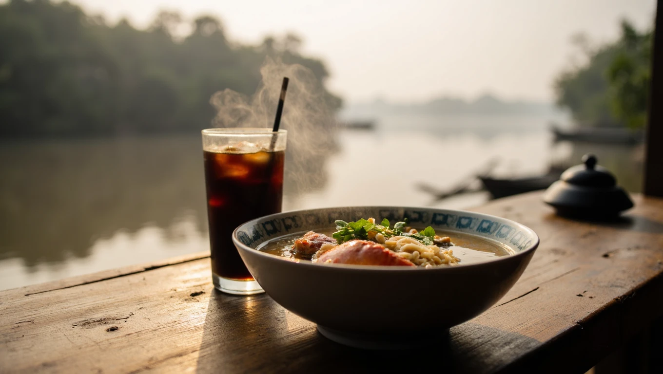 Local Ca Mau breakfast with coffee and crab dish