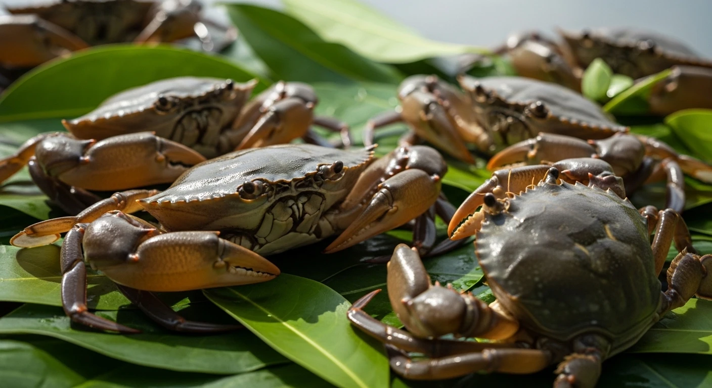 Close-up of healthy, live Ca Mau mud crab with clear shell
