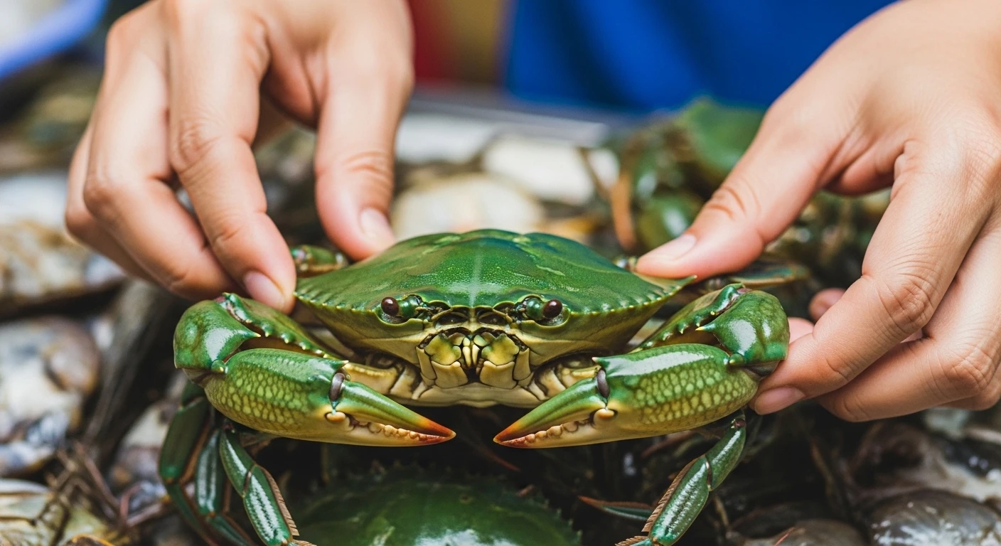 Bàn tay đang kiểm tra ghẹ xanh tươi ngon