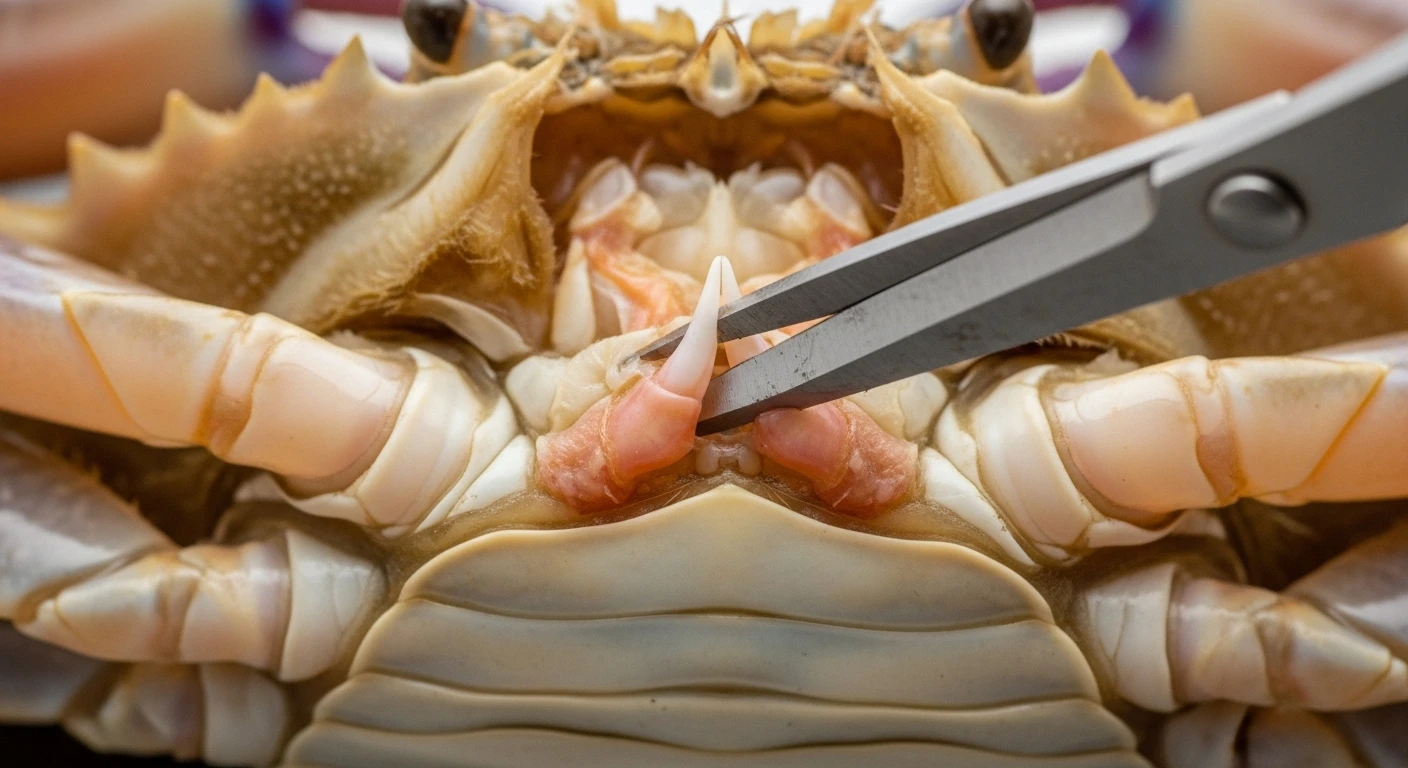 Cận cảnh mũi kéo chọc vào yếm ghẹ